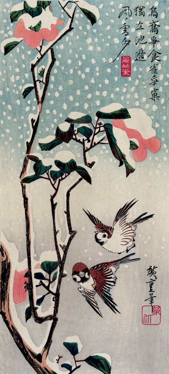 Wróble i kamelie na śniegu, lata 30. XIX wieku. autorstwa Utagawa Hiroshige