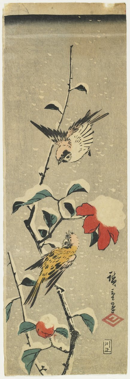 Wróble i Śnieżna Kamelia, 1837-1848 autorstwa Utagawa Hiroshige