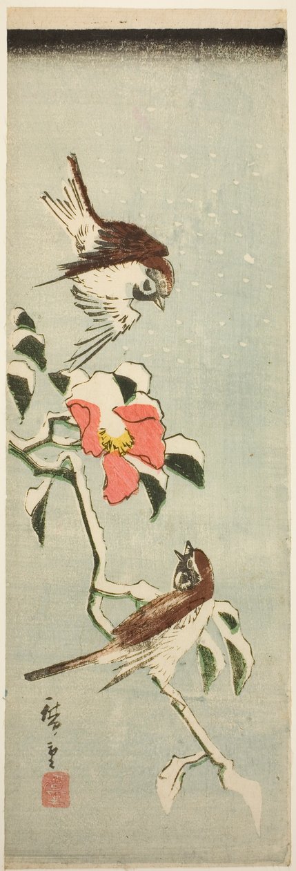 Wróble i kamelia w śniegu autorstwa Utagawa Hiroshige