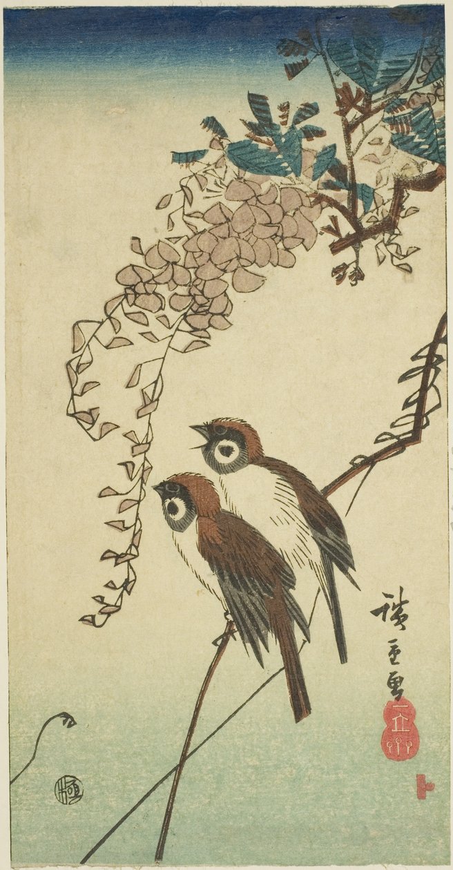 Wróble i glicynia autorstwa Utagawa Hiroshige