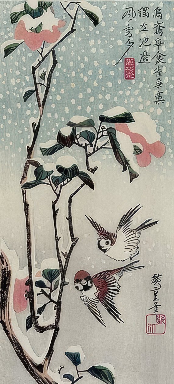 Wróble i kamelie na śniegu autorstwa Utagawa Hiroshige