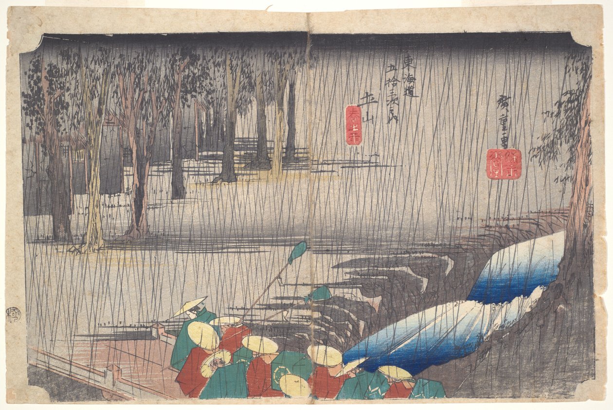 Wiosenny deszcz w Tsuchiyamie, z serii Pięćdziesiąt trzy stacje Tōkaidō autorstwa Utagawa Hiroshige
