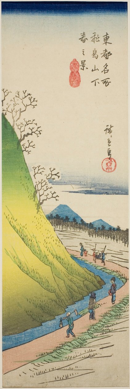 Wiosenny widok z podnóża wzgórza Asuka (Asukayama shita haru no kei), z cyklu „Słynne widoki wschodniej stolicy (Toto meisho)” autorstwa Utagawa Hiroshige