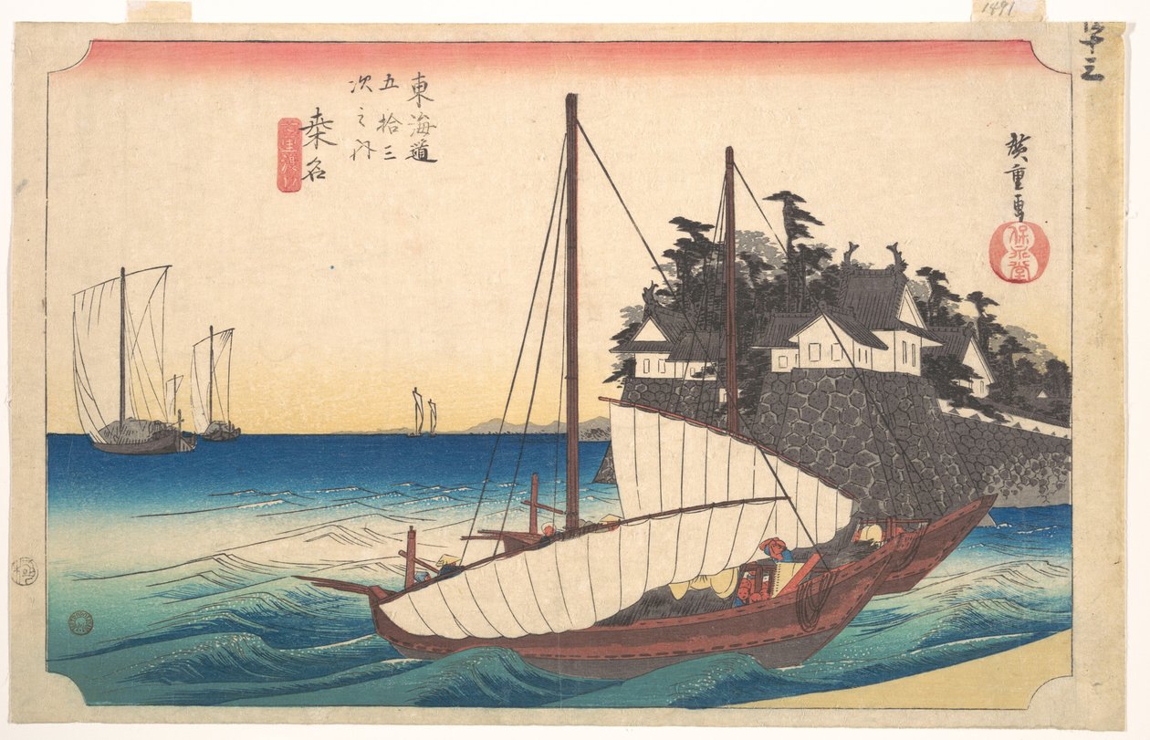 Stacja czterdziesta trzecia: Kuwana, prom siedem ri w porcie, z Pięćdziesięciu trzech stacji Tokaido autorstwa Utagawa Hiroshige