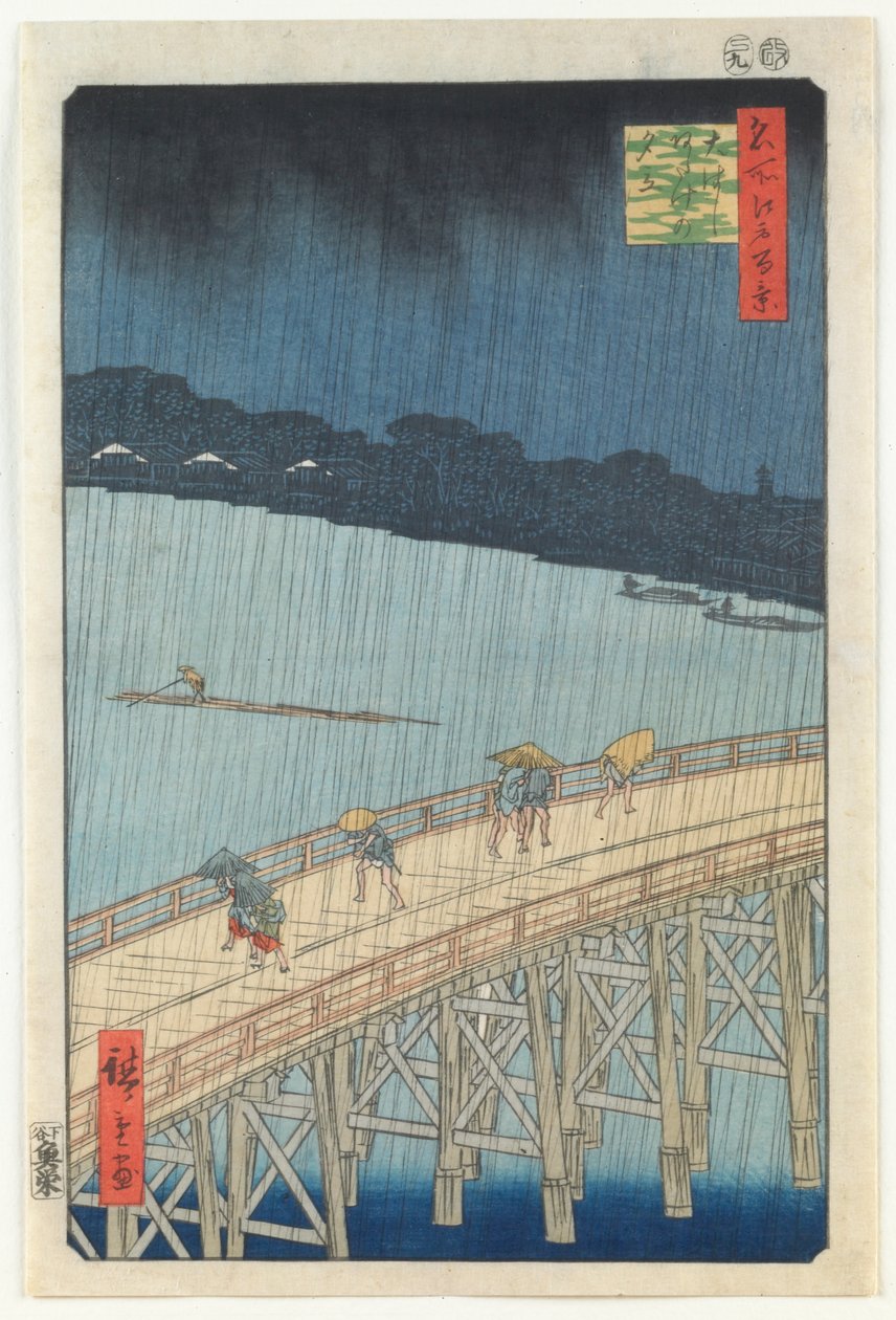 Nagły prysznic nad mostem Ōhashi i Atake, z serii „Sto słynnych widoków Edo” autorstwa Utagawa Hiroshige