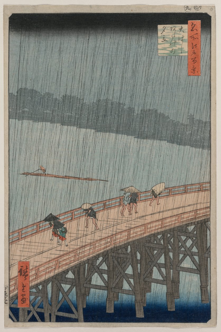 Nagły prysznic nad mostem Shin-Ōhashi i Atake, z serii Sto słynnych widoków Edo autorstwa Utagawa Hiroshige