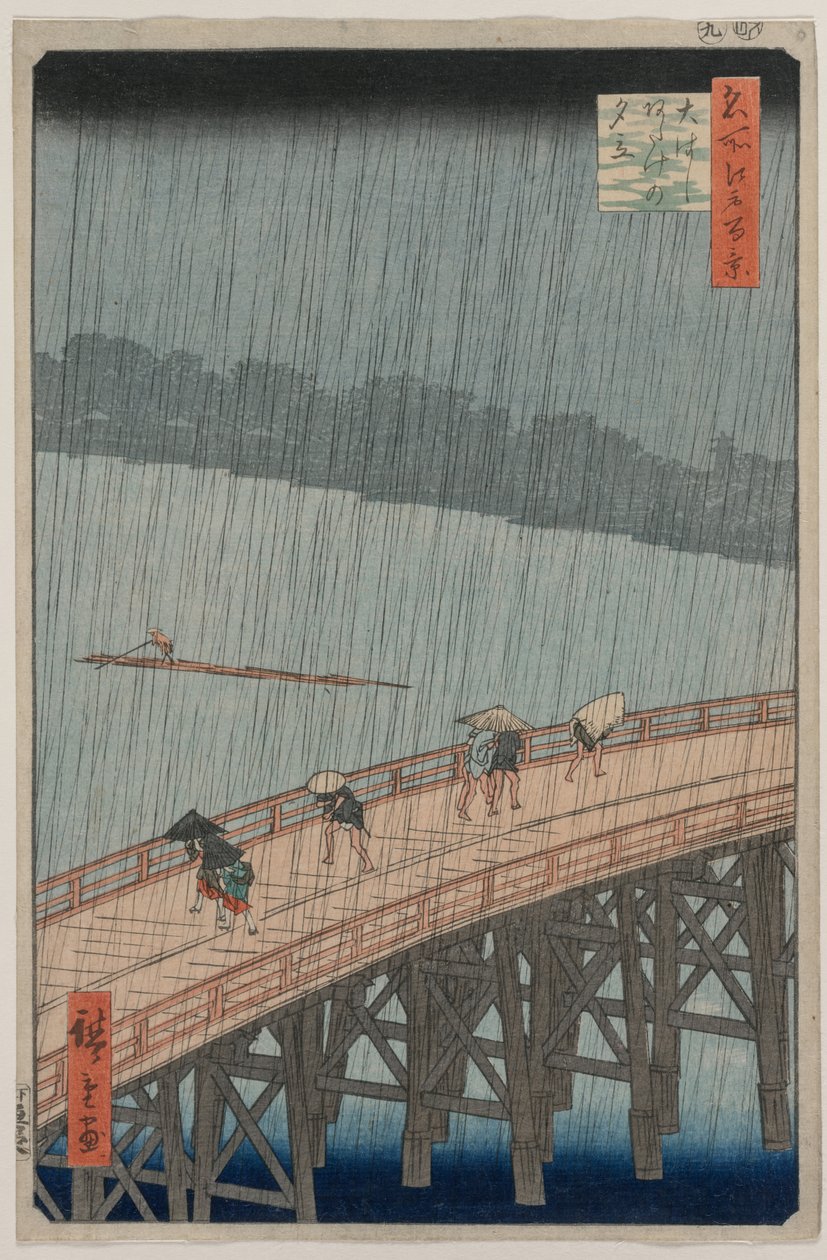 Nagły prysznic nad mostem Shin-Ōhashi i Atake, z serii Sto słynnych widoków Edo autorstwa Utagawa Hiroshige