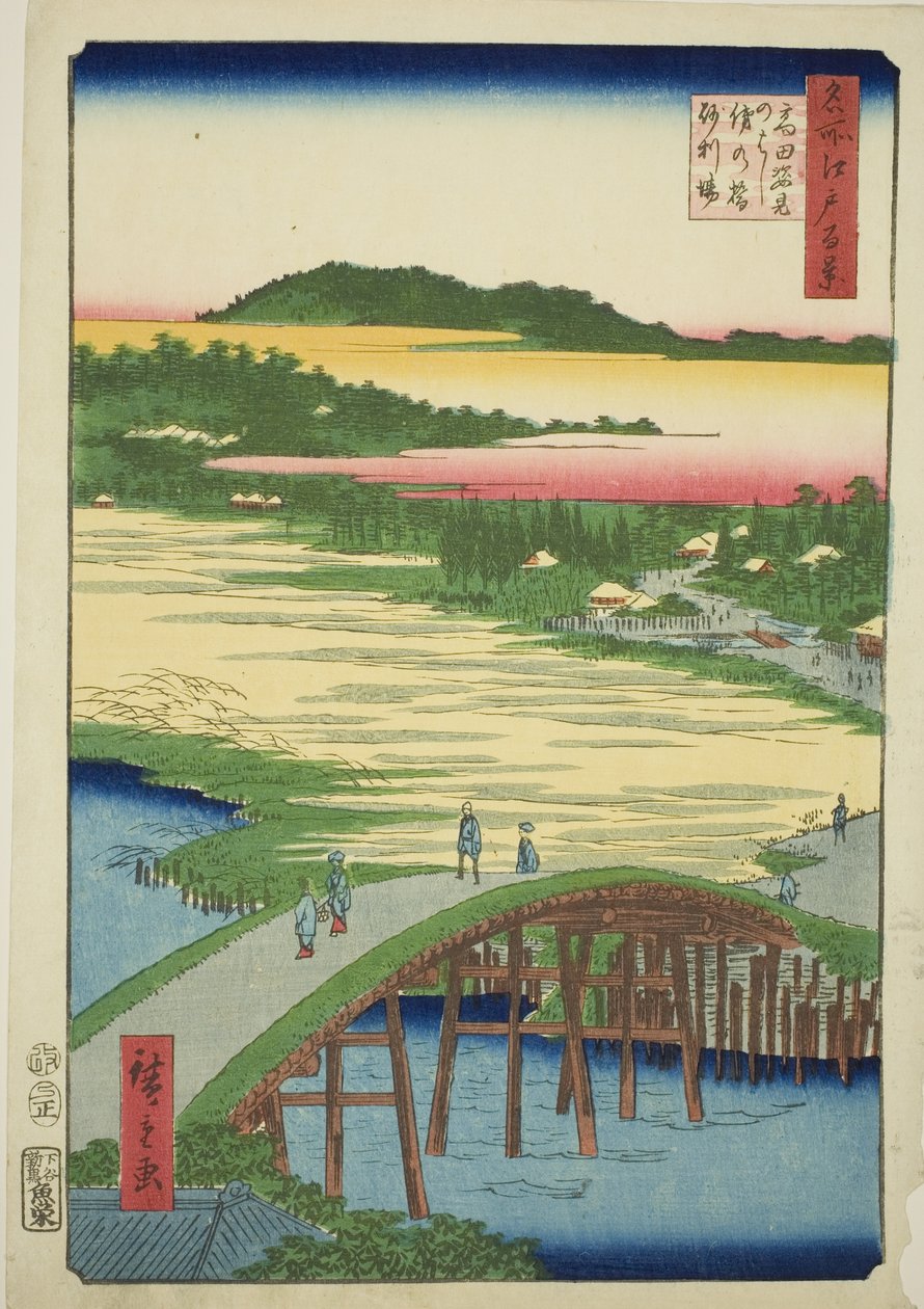Most Sugatami, most Omokage i żwirownia w Takata (Takata Sugataminohashi Omokagenohashi jariba), z cyklu „Sto słynnych widoków Edo (Meisho Edo hyakkei)” autorstwa Utagawa Hiroshige