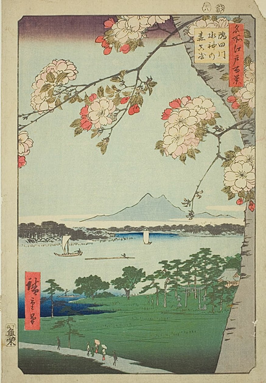 Sanktuarium Suijin i Massaki nad rzeką Sumida (Sumidagawa Suijin no mori Massaki), nr 35 z serii "Sto słynnych widoków Edo (Meisho Edo hyakkei)". autorstwa Utagawa Hiroshige