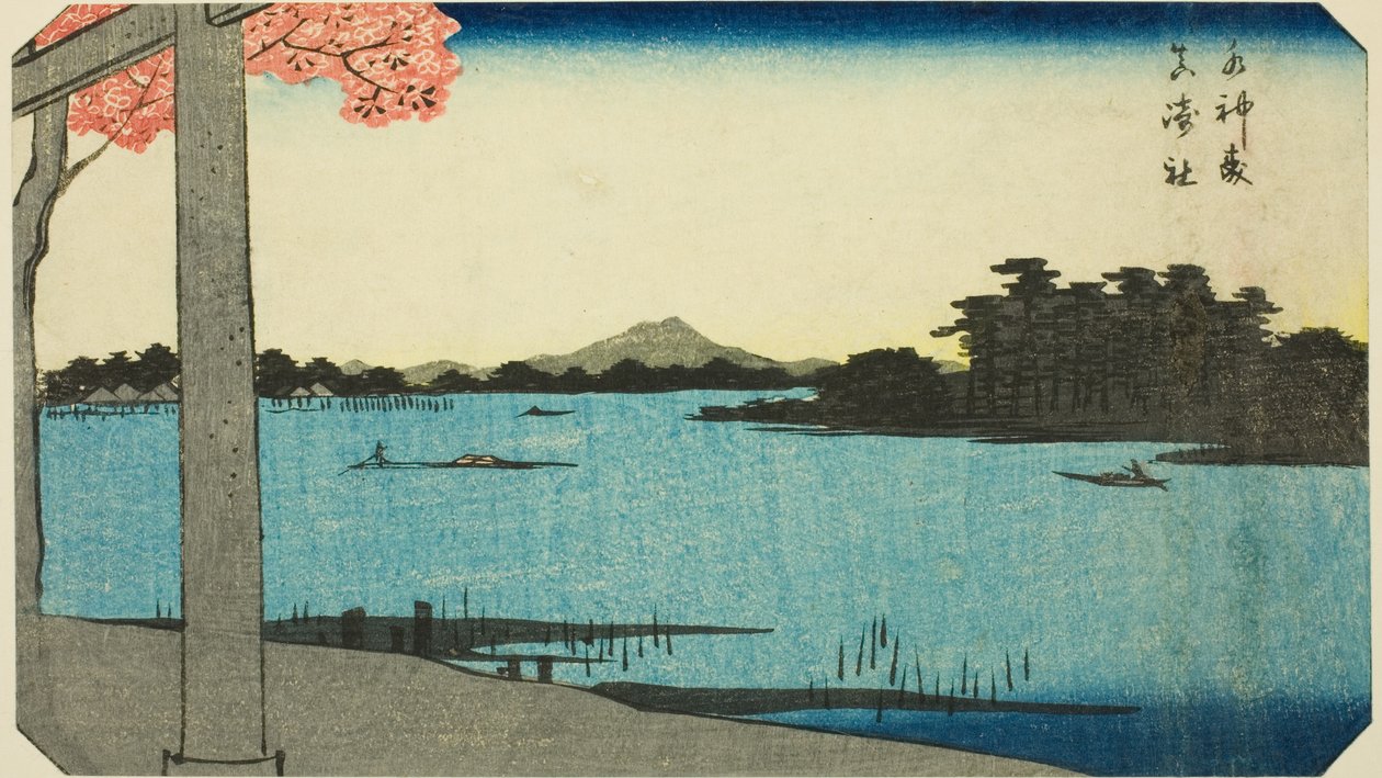 Suijin Woods and the Shrine at Massaki (Suijin no mori, Massaki yashiro), fragment arkusza z serii „Wycinane obrazy znanych miejsc w Edo (Edo meisho harimaze zue)” autorstwa Utagawa Hiroshige
