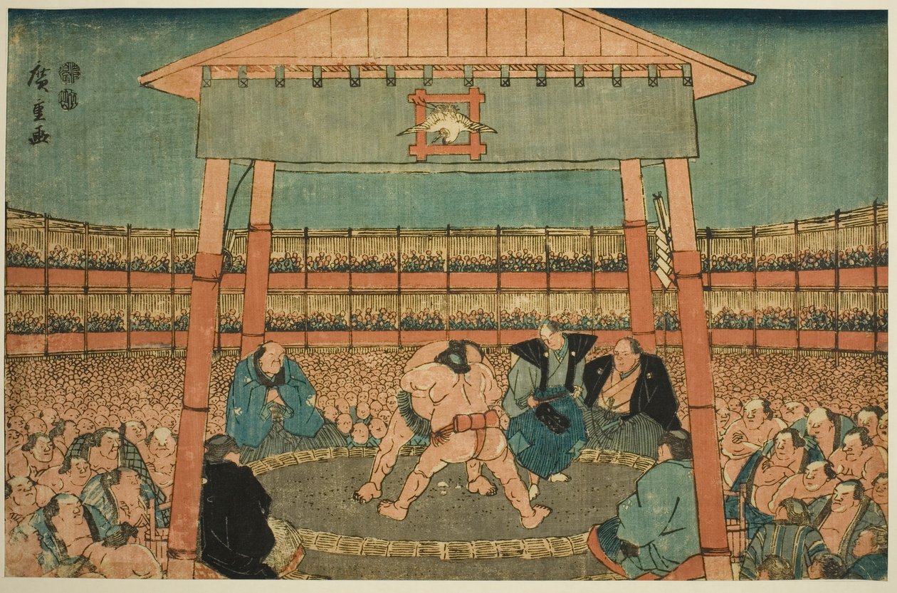 Sumo Match w Dzielnicach Świątyni Ekoin (Ekoin keidai sumo no zu), z serii „Ryogoku we wschodniej stolicy (Toto Ryogoku)” autorstwa Utagawa Hiroshige
