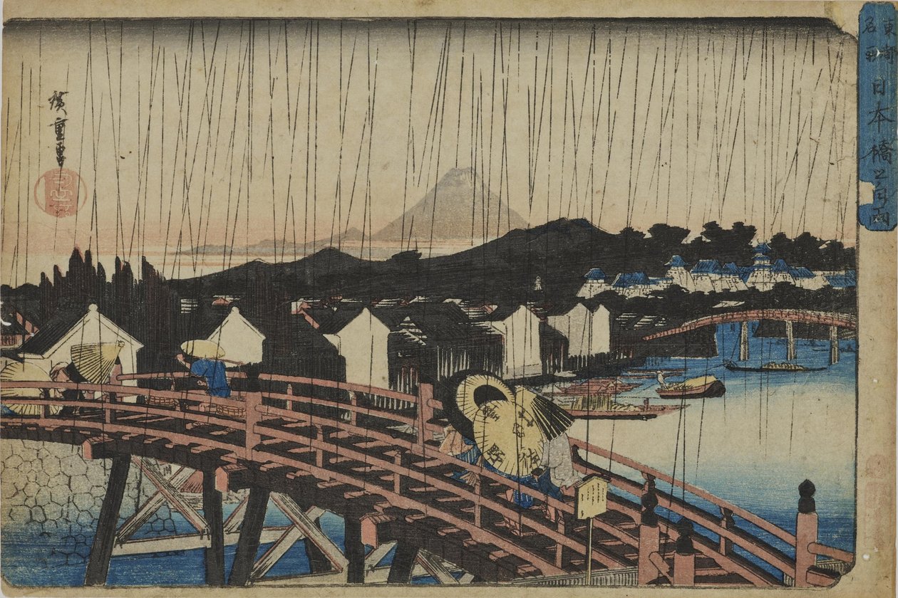 Słoneczny deszcz przy moście Nihonbashi, z serii „Słynne miejsca wschodniej stolicy” autorstwa Utagawa Hiroshige