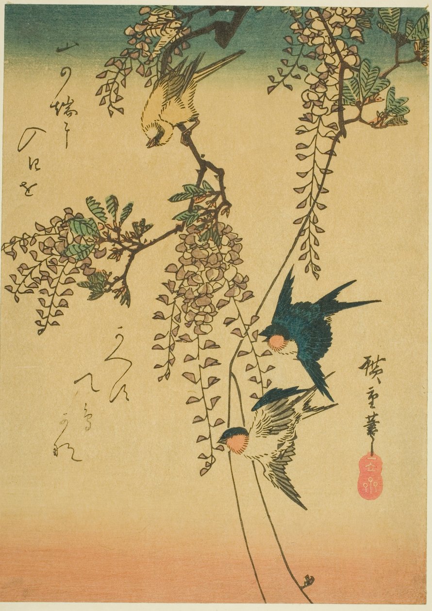 Jaskółka, żółty ptak i glicynia autorstwa Utagawa Hiroshige