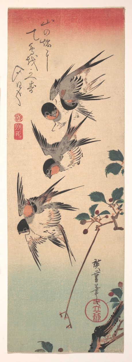 Schwalben und blühende Wildkirsche autorstwa Utagawa Hiroshige