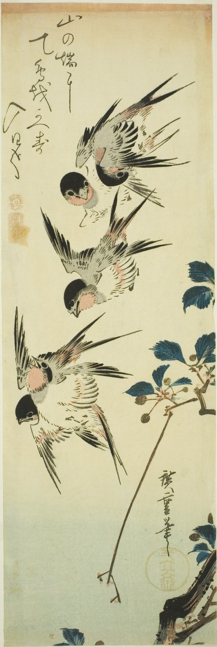 Jaskółki i kwitnąca gałąź autorstwa Utagawa Hiroshige