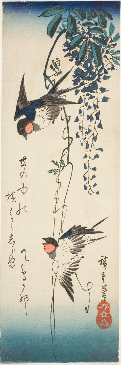 Jaskółki i glicynia autorstwa Utagawa Hiroshige