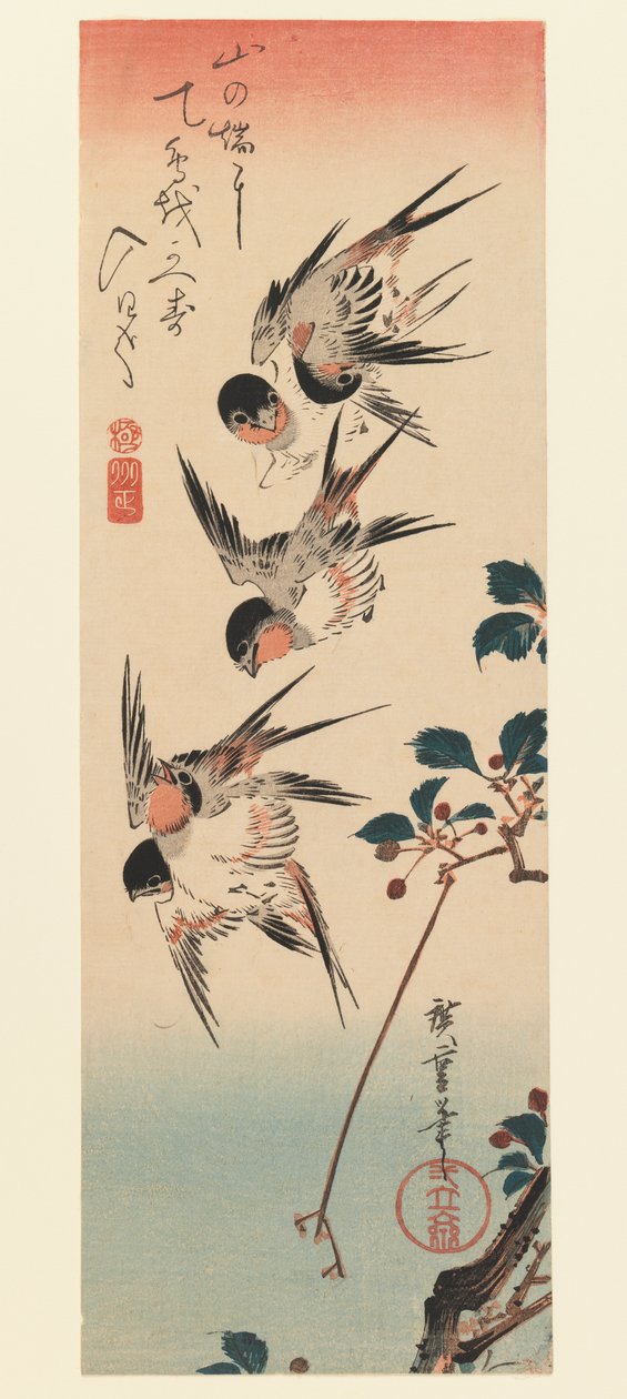Tanzaku, Cztery jaskółki, 1832 (kolorowy drzeworyt) autorstwa Utagawa Hiroshige