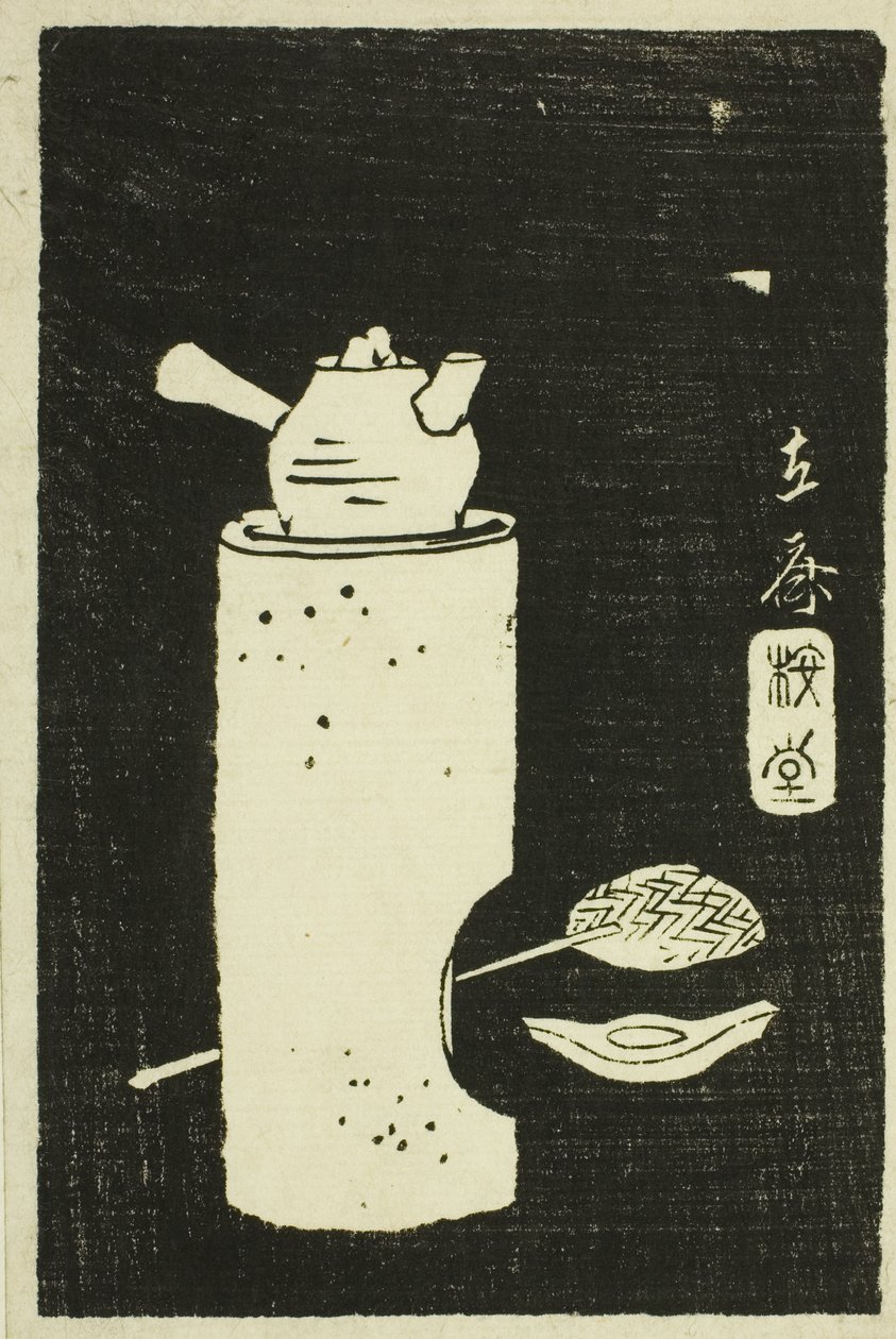 Czajnik na herbatę, fragment prześcieradła z serii „Zwierciadło kamiennych otarcia widoków prowincji” (Kohon meihitsu ishizuri kagami) autorstwa Utagawa Hiroshige