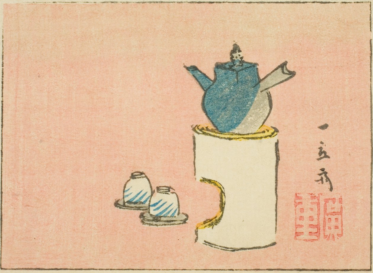 Czajnik i filiżanki, fragment prześcieradła z serii grafik bez tytułu harimaze autorstwa Utagawa Hiroshige