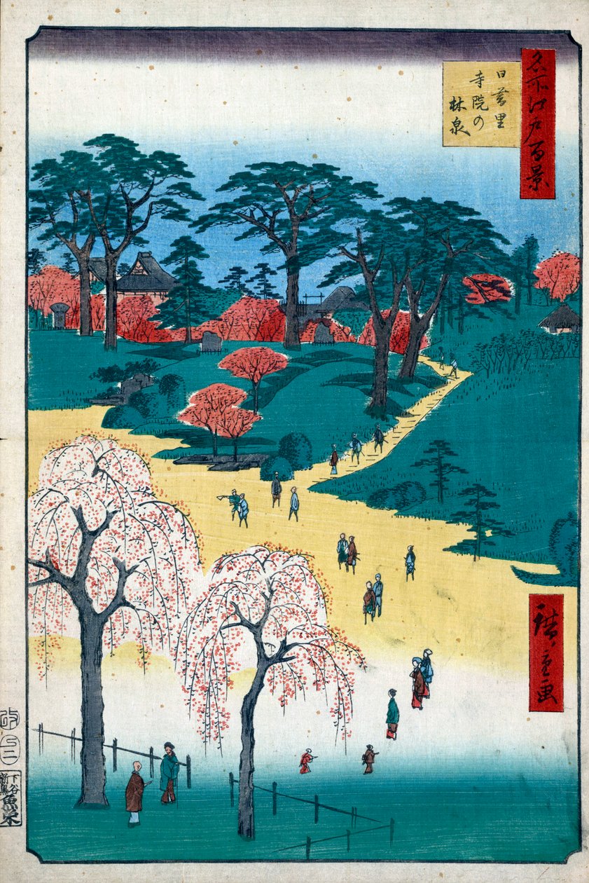 Ogrody Świątynne w Nippori Sto słynnych widoków Edo, 1856-1858. autorstwa Utagawa Hiroshige