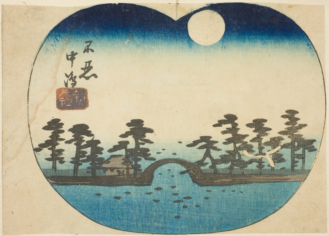 Benten Shine na wewnętrznej wyspie stawu Shinobazu (Shinobazu Nakajima Bentensha), fragment arkusza z serii „Wycinanki znanych miejsc w Edo (Harimaze Koto meisho)” autorstwa Utagawa Hiroshige