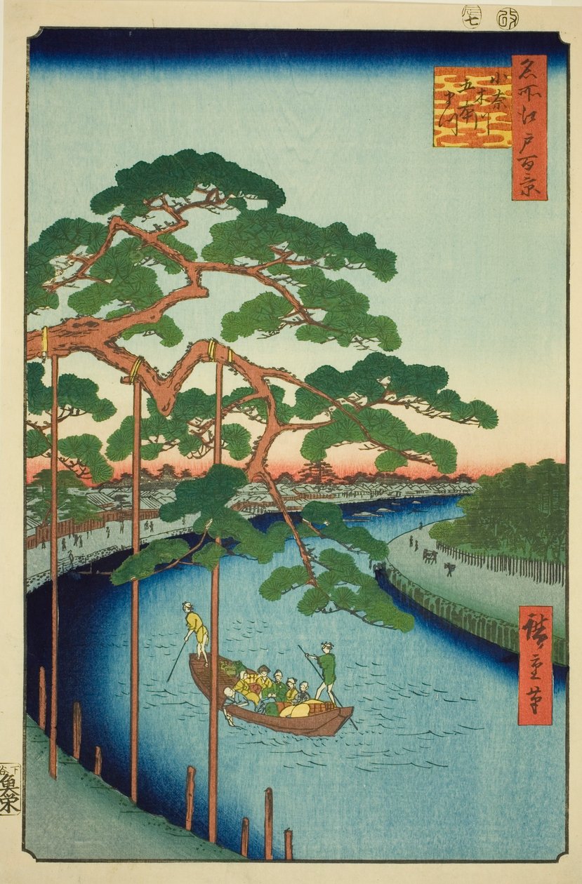Pięć sosen na rzece Onagi (Onagigawa Gohonmatsu), z serii „Sto słynnych widoków Edo (Meisho Edo hyakkei)” autorstwa Utagawa Hiroshige