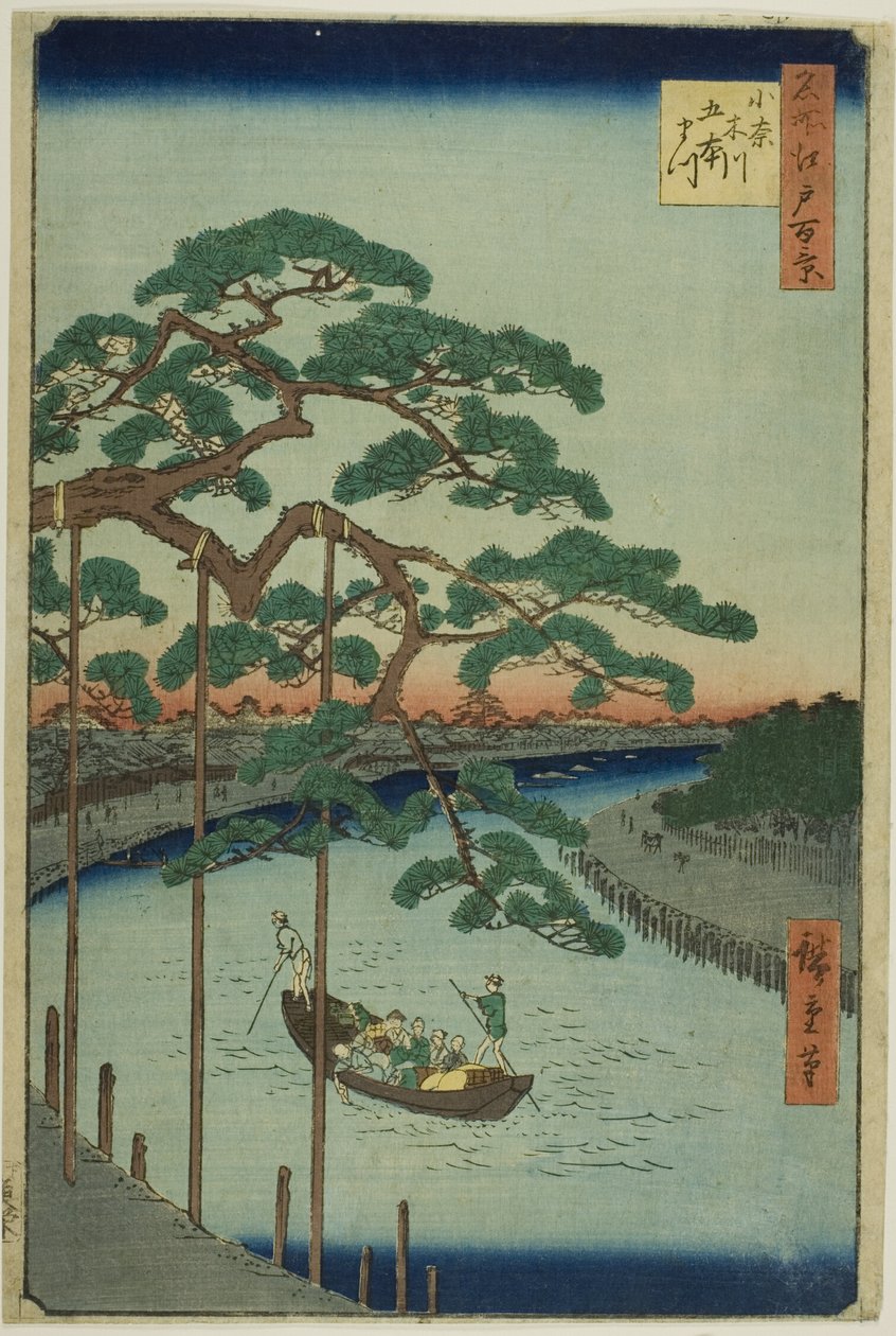 Pięć sosen nad rzeką Onagi (Onagigawa Gohonmatsu), z serii "Sto słynnych widoków Edo (Meisho Edo hyakkei)". autorstwa Utagawa Hiroshige