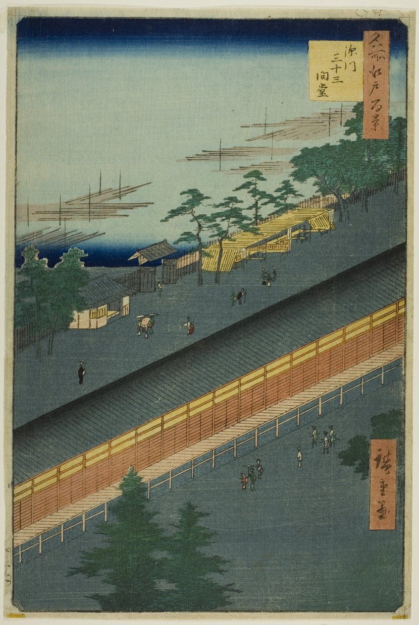 Hall of Thirty-Three Bays at Fukagawa (Fukagawa Sanjusangendo), z serii "One Hundred Famous Views of Edo (Meisho Edo hyakkei)". autorstwa Utagawa Hiroshige