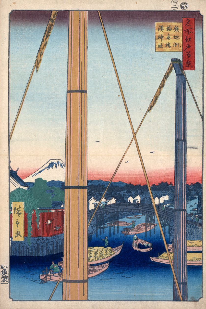 Sanktuarium portowe i most Inari w Teppozu, sto słynnych widoków Edo, 1856-1858. autorstwa Utagawa Hiroshige