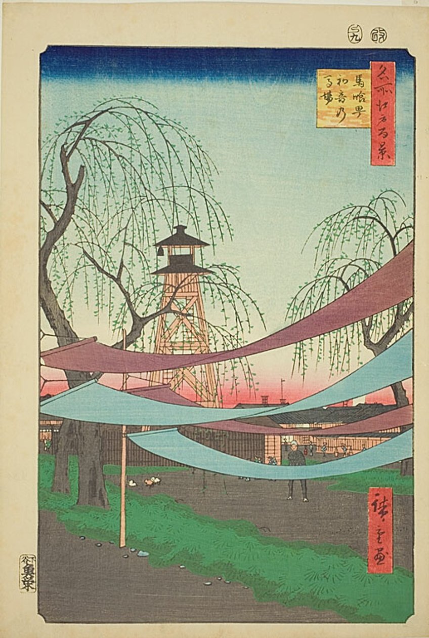 Tereny jeździeckie Hatsune w Bakuro-cho (Bakuro-cho Hatsune no Baba), nr 6 z serii "Sto słynnych widoków Edo (Meisho Edo hyakkei)". autorstwa Utagawa Hiroshige