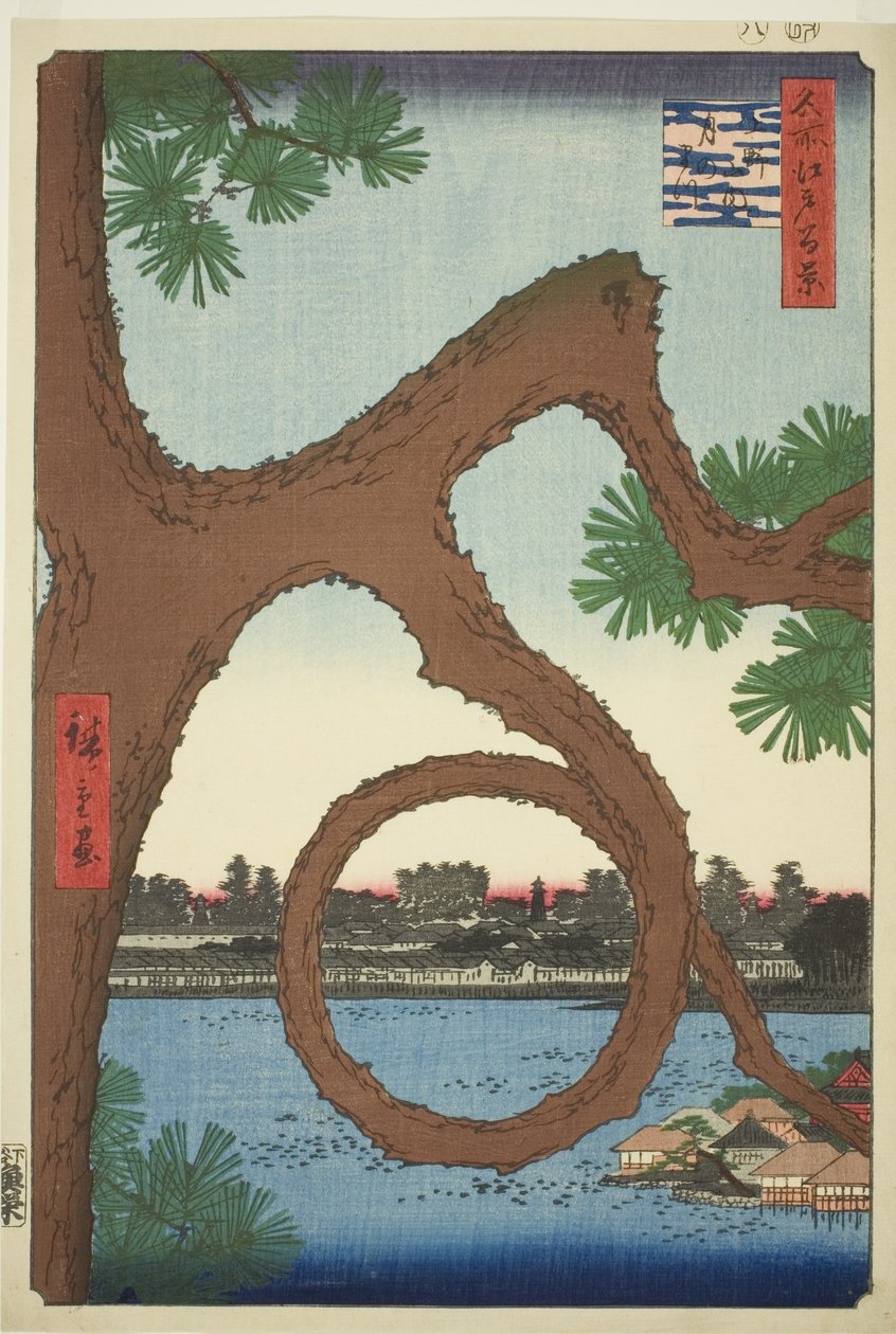 Sosna księżycowa na terenie świątyni w Ueno (Ueno sannai Tsuki no matsu), z serii „Sto słynnych widoków Edo (Meisho Edo hyakkei)” autorstwa Utagawa Hiroshige