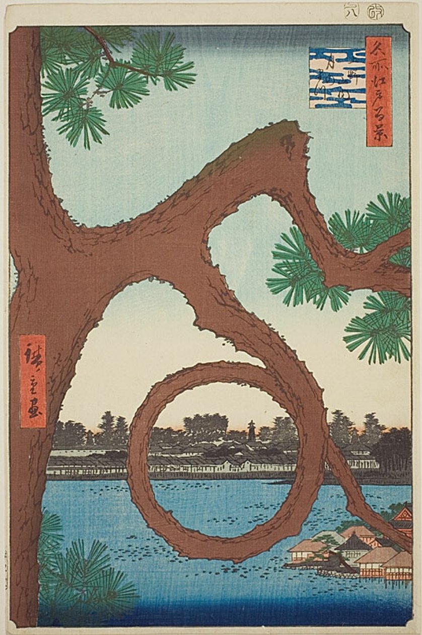 Sosna księżycowa na terenie świątyni w Ueno (Ueno sannai Tsuki no matsu), z serii "Sto słynnych widoków Edo (Meisho Edo hyakkei)". autorstwa Utagawa Hiroshige