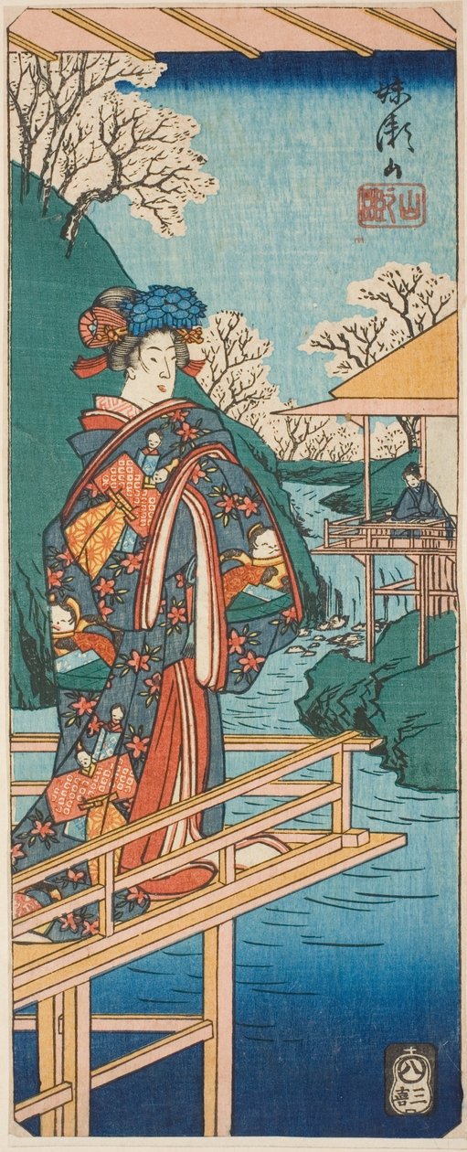 Scena górska ze spektaklu Imoseyama (Imosejama, yama no dan), fragment arkusza z cyklu „Odbicia dramatów w wycinankach (Harimaze joruri kagami)” autorstwa Utagawa Hiroshige