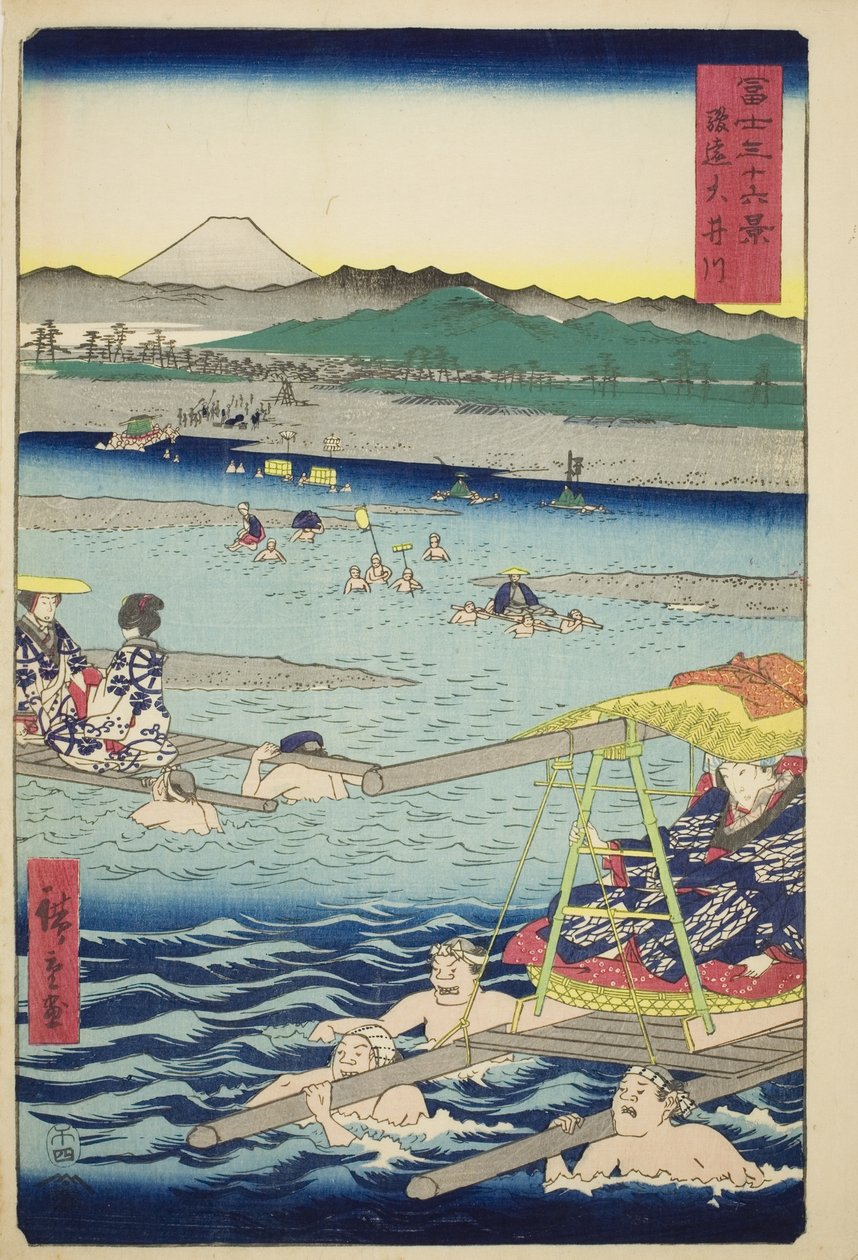 Rzeka Oi między prowincjami Suruga i Totomi (Sun-En Oigawa), z serii „Trzydzieści sześć widoków na górę Fuji (Fuji sanjurokkei)” autorstwa Utagawa Hiroshige