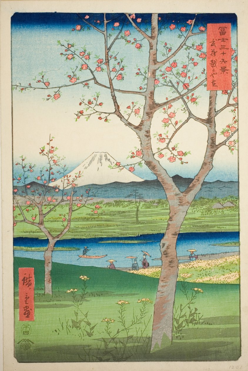 Przedmieścia Koshigaya w prowincji Musashi (Musashi Koshigaya zai), z serii „Trzydzieści sześć widoków na górę Fuji (Fuji sanjurokkei)” autorstwa Utagawa Hiroshige