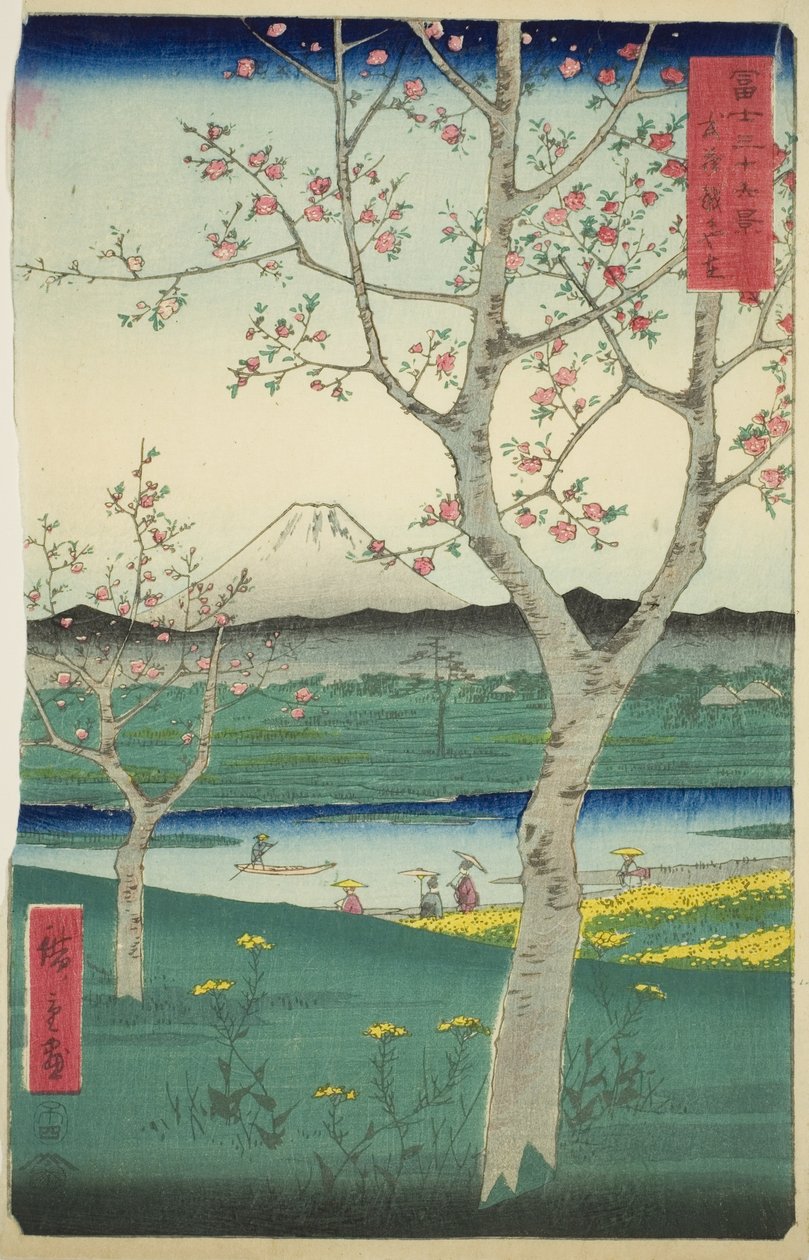 Przedmieścia Koshigaya w prowincji Musashi (Musashi Koshigaya zai), z serii „Trzydzieści sześć widoków na górę Fuji (Fuji sanjurokkei)” autorstwa Utagawa Hiroshige