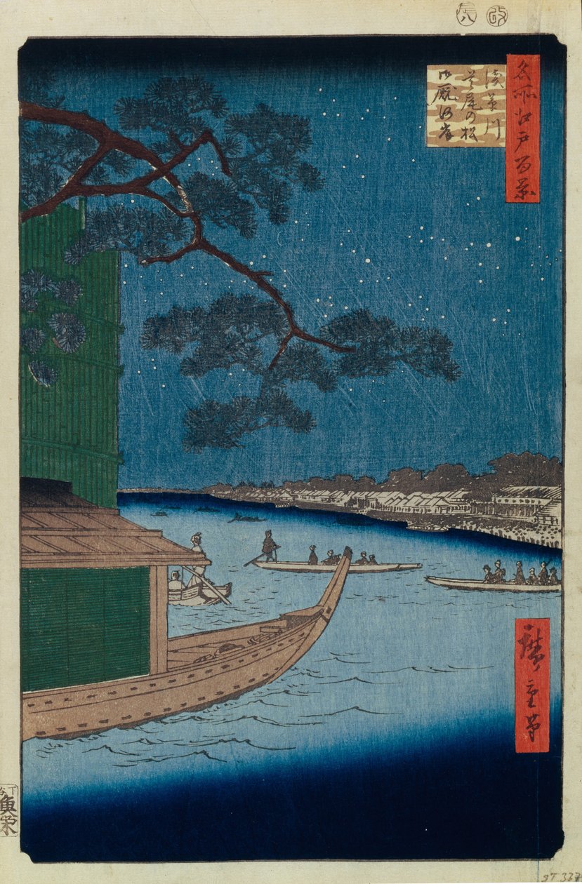 Sosna sukcesu i Oumayagashi nad rzeką Asakusa Sto słynnych widoków Edo, 1856-1858 autorstwa Utagawa Hiroshige