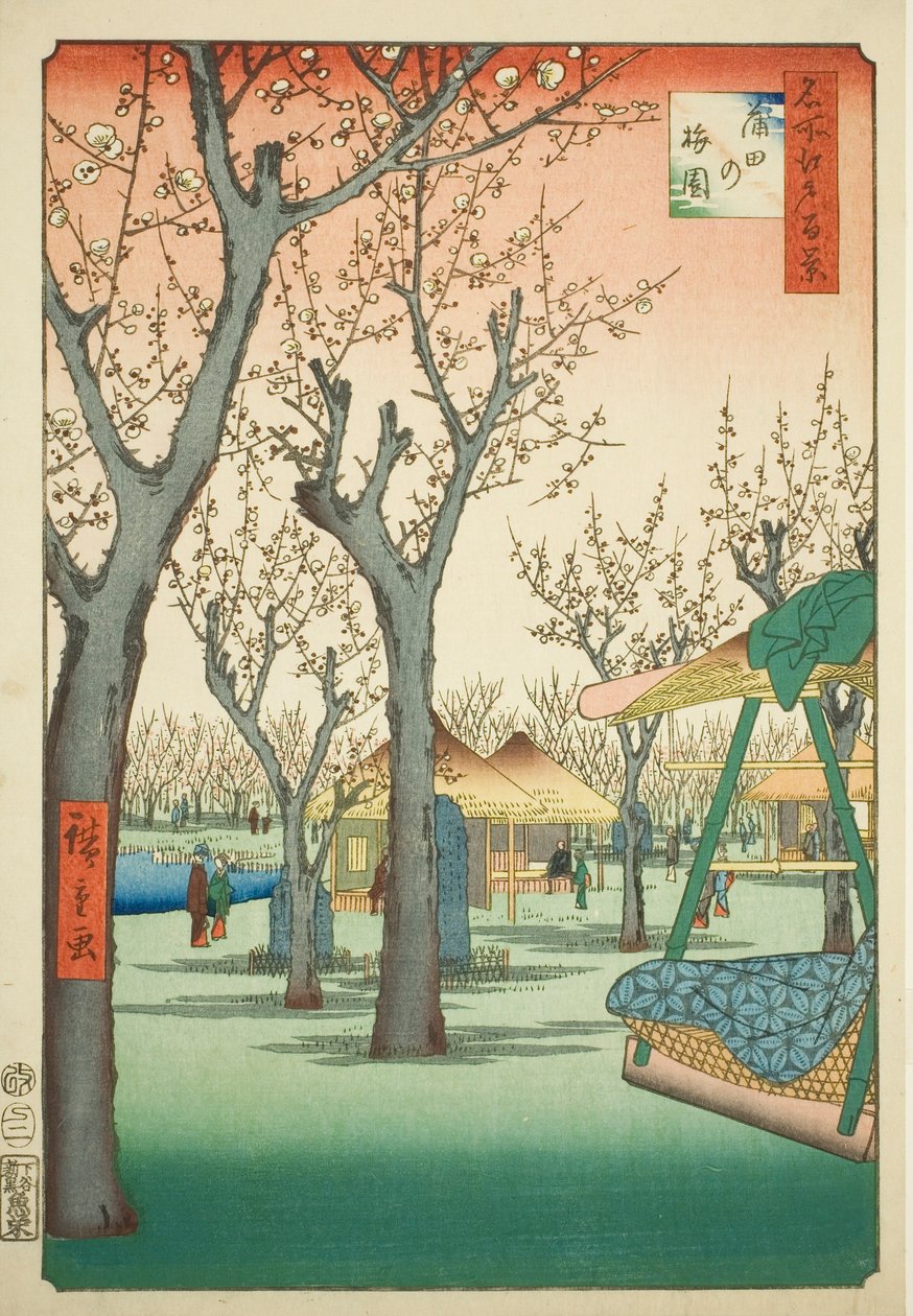 Śliwkowy sad w Kamata (Kamata no umezono), nr 27 z serii "Sto słynnych widoków Edo (Meisho Edo hyakkei)". autorstwa Utagawa Hiroshige