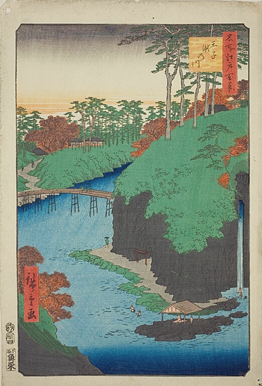 Rzeka wodospadów w Oji (Oji Takinogawa), nr 88 z serii "Sto słynnych widoków Edo (Meisho Edo hyakkei)". autorstwa Utagawa Hiroshige