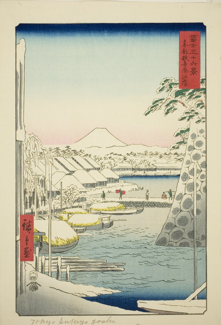 Brzeg rzeki w Sukiya we wschodniej stolicy (Toto Sukiyagashi), z serii „Trzydzieści sześć widoków góry Fuji (Fuji sanjurokkei)” autorstwa Utagawa Hiroshige