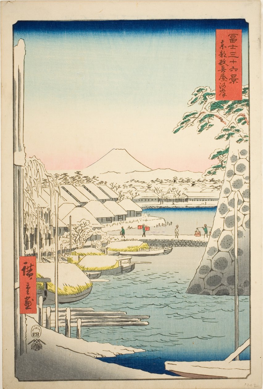 Brzeg rzeki w Sukiya we wschodniej stolicy (Toto Sukiyagashi), z serii „Trzydzieści sześć widoków góry Fuji (Fuji sanjurokkei)” autorstwa Utagawa Hiroshige