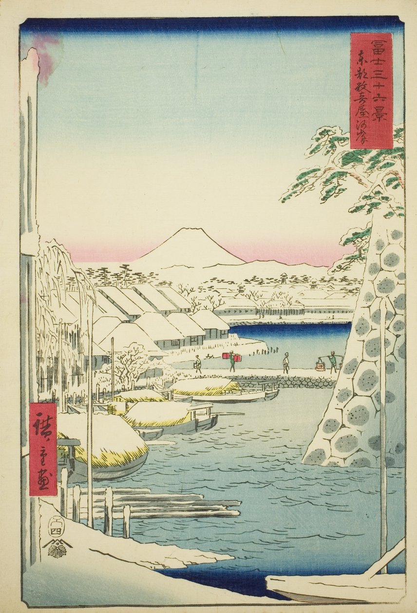 Brzeg rzeki w Sukiya we wschodniej stolicy (Toto Sukiyagashi), z serii „Trzydzieści sześć widoków góry Fuji (Fuji sanjurokkei)” autorstwa Utagawa Hiroshige