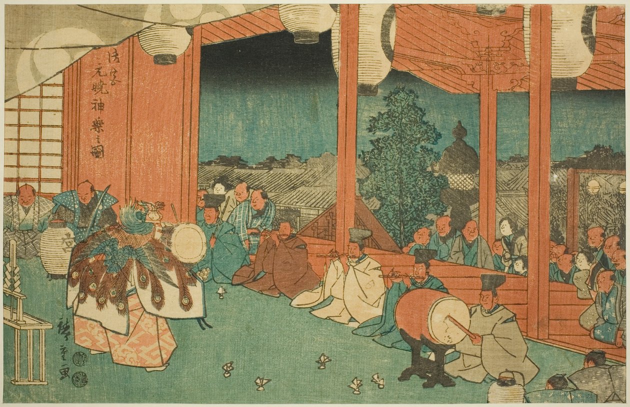 Święty taniec w świątyni Shinmei w Shiba o świcie (Shiba Shinmei, Omiya gengyo kagura no zu), z serii „Słynne miejsca we wschodniej stolicy (Toto meisho)” autorstwa Utagawa Hiroshige
