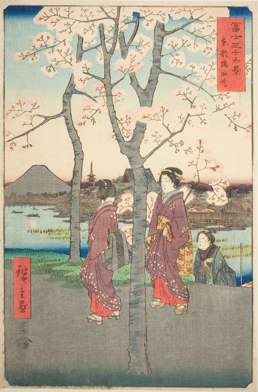 Nabrzeże Sumida we wschodniej stolicy (Toto Sumida zutsumi), z serii „Trzydzieści sześć widoków góry Fuji (Fuji sanjurokkei)” autorstwa Utagawa Hiroshige