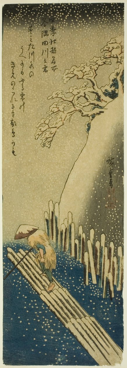 Rzeka Sumida w zimowym śniegu (Fuyu Sumidagawa no yuki), z serii „Słynne miejsca w Edo w czterech porach roku (Shiki Koto meisho)” autorstwa Utagawa Hiroshige
