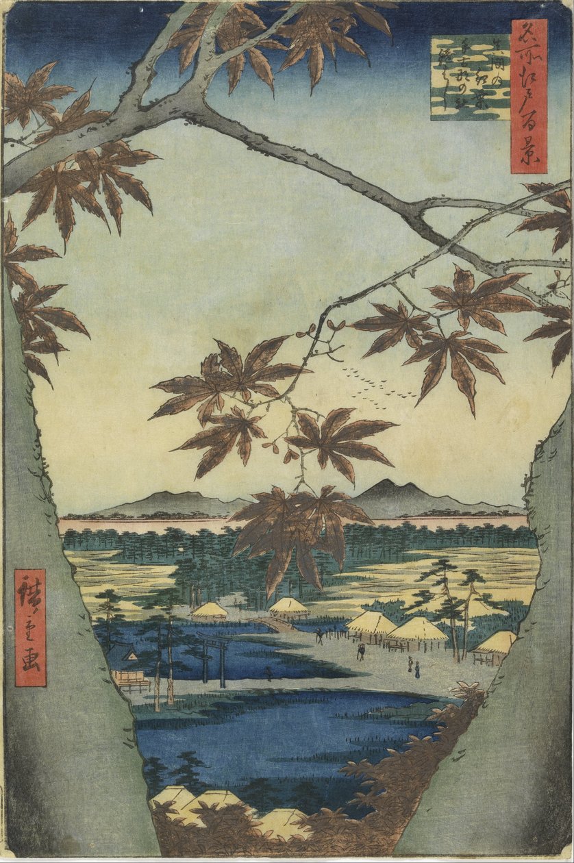 Liście klonu z Mama, świątynia Tekona i most Tsugi autorstwa Utagawa Hiroshige