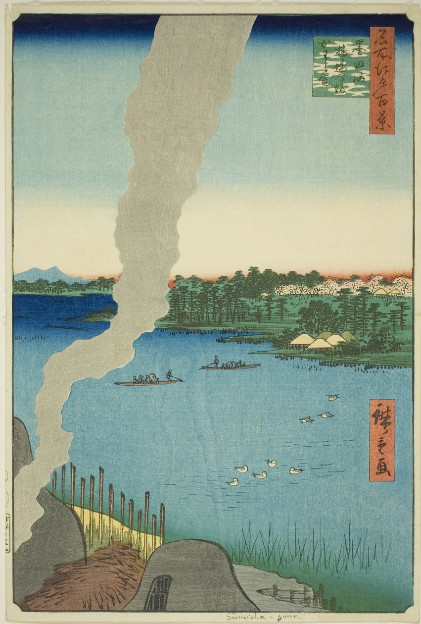 Piece kaflowe i prom Hashiba na rzece Sumida (Sumidagawa Hashiba no watashi kawaragama), z serii „Sto słynnych widoków Edo (Meisho Edo hyakkei)” autorstwa Utagawa Hiroshige