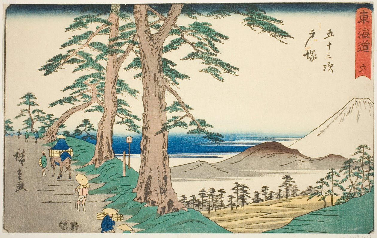 Totsuka – Nie. 6, z serii „Pięćdziesiąt trzy stacje Tokaido (Tokaido gojusan tsugi),” znanej również jako Reisho Tokaido autorstwa Utagawa Hiroshige