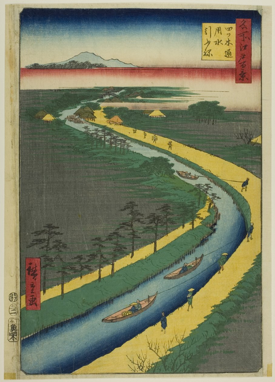 Holowniki wzdłuż kanału Yotsugidori (Yotsugidori yosui hikifune), z serii "Sto słynnych widoków Edo (Meisho Edo hyakkei)". autorstwa Utagawa Hiroshige