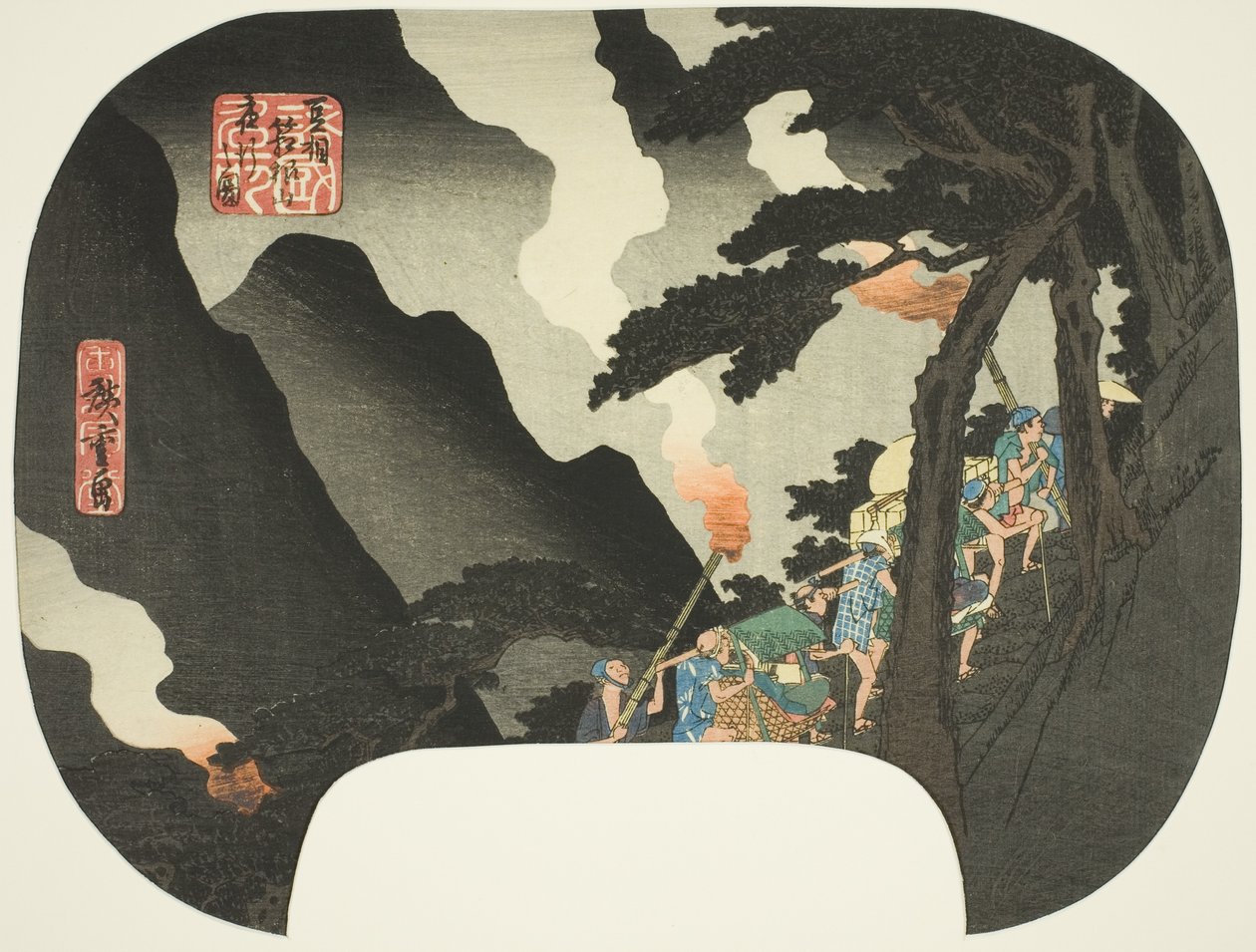 Podróżowanie nocą w górach Hakone na pograniczu prowincji Izu i Sagami (Zuso Hakone-yama yako no zu), z cyklu „Słynne miejsca w różnych prowincjach (Shokoku meisho)” autorstwa Utagawa Hiroshige